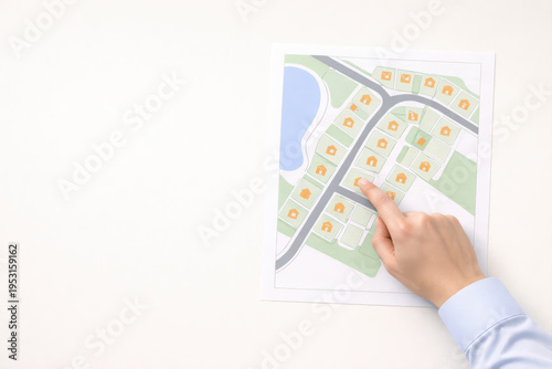 Person pointing at residential area map with house and roads, planning neighborhood layout with green spaces and water body, concept of real estate or urban planning
