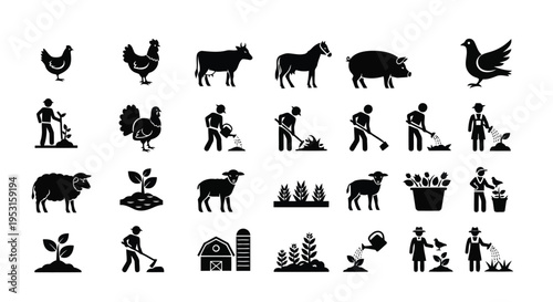 Ancient symbols depicting agriculture, animals, and human activities in silhouette style
