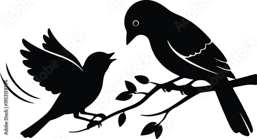 Silhouette adult bird feeding baby chick on a tree branch vector design
