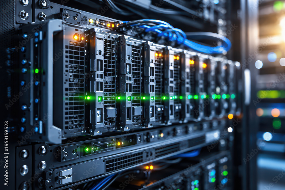 Fototapeta premium Server rack with network cables and blinking lights in data center, technology infrastructure for digital communication and data storage, modern equipment with blue cables and green indicators