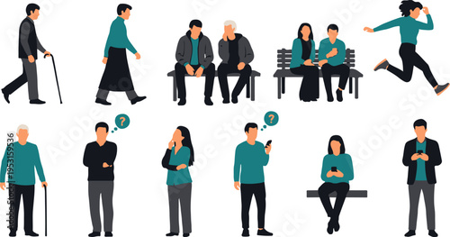 Diverse Set of 12 Flat Vector People Illustrations Depicting Various Ages and Activities for Web, App, and Marketing Designs