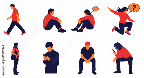 Set of 8 diverse people vector illustrations depicting various actions and emotions, including walking, sitting, looking at phone, and questioning, ideal for modern design projects.
