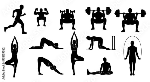 Set of 12 Black Silhouette Fitness and Yoga Icons Vector for Exercise, Workout, Running, Weightlifting, and Stretching Activities on White Background