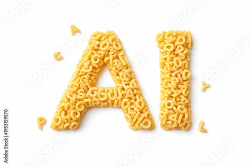 Minimal white background image showing the letters AI made from alphabet pasta, with scattered letters suggesting play and creativity in a clean visual concept about artificial intelligence.