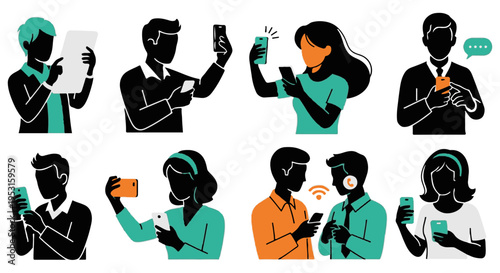 Set of 8 diverse people silhouettes using smartphones and digital devices for communication, social media, and business tasks vector illustration
