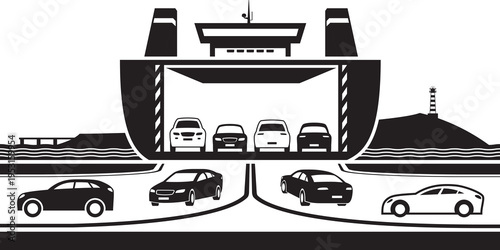 Ferry boat loading cars in port - vector illustration
