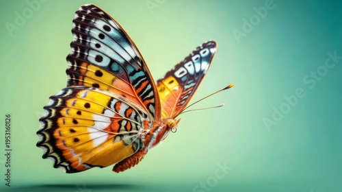 Colorful Butterfly Taking Flight Against Mint Green Background