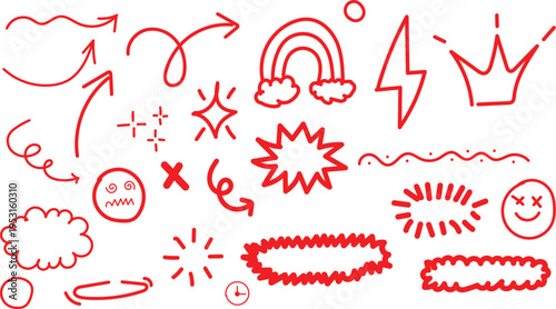 Collection of red doodle shapes and symbols including silhouette