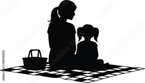 Silhouette mother daughter sitting on picnic blanket vector design
