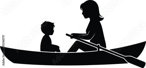 Silhouette of mother and child rowing canoe together happy family vector design