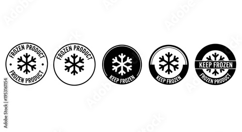 set of various black and white frozen product icons with snowflake symbol perfect for food packaging and safety labels