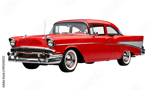  red 1957 Chevrolet Bel Air classic car perfectly isolated on a pure white background studio lighting ultra sharp focus high resolution detailed bodywork chrome accents and wheels clean cutout style.