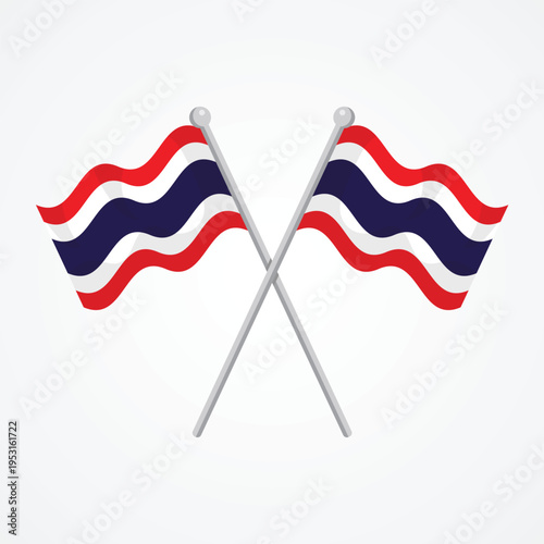 Two crossed Thailand national flags on silver poles for southeast asian cultural events and official ceremonies