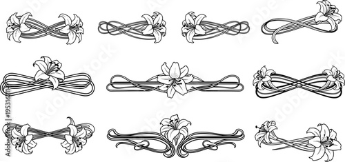 Elegant floral decorative divider set with lily flowers and ornamental swirl lines vintage black outline vector illustration for borders frames invitations and design