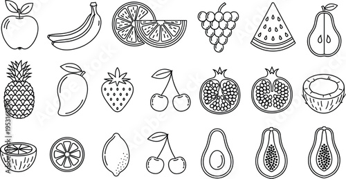 Fruit icon set with apple banana orange grapes watermelon pineapple mango strawberry cherry avocado coconut lemon papaya outline vector illustration collection for healthy food design