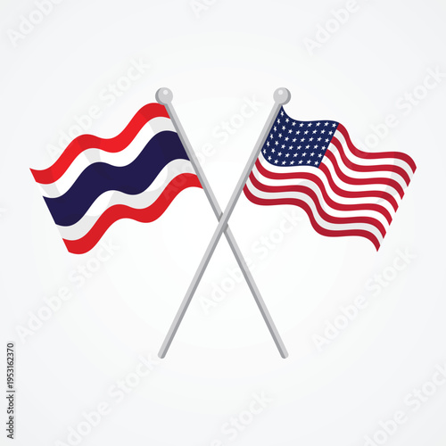 Crossed Thailand and United States flags on silver poles for asian american diplomatic relations and partnership