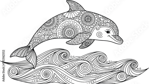 Ornamental dolphin illustration with intricate mandala zentangle patterns over ocean waves black and white vector design for tattoo, coloring book and marine artwork