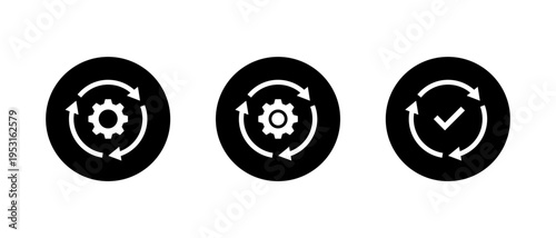 Gear sync icon in black circle. System update symbol. Workflow automation sign