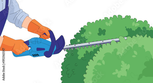 Gloved hands are trimming a dense green bush with a blue electric hedge trimmer on a white background.