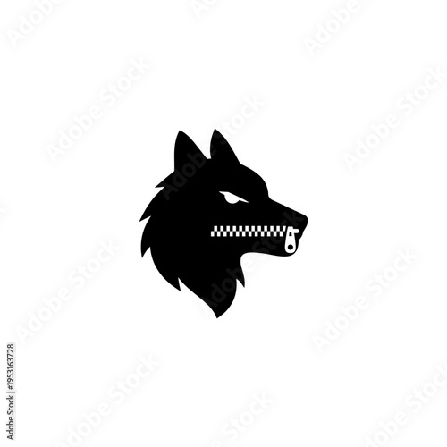 Minimalist black silhouette of a wolf head with a zipper across its mouth isolated on white background 