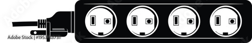 Power strip extension cord with multiple sockets and plug silhouette vector illustration for electricity distribution equipment and household electrical device design