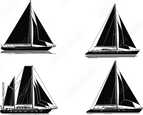 Sailing yacht and sailboat silhouette collection isolated on white background elegant marine transport vector illustration set for nautical travel, ocean adventure, and boating design