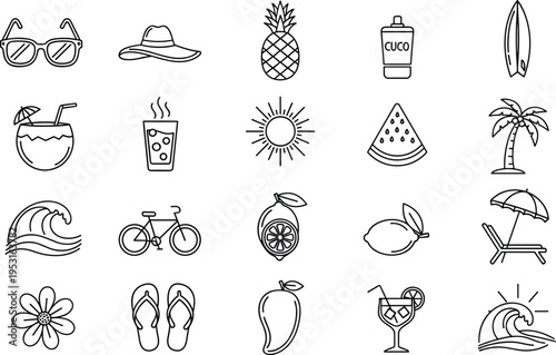 Summer vacation icon set with beach elements sunglasses pineapple surfboard cocktail sun wave bicycle tropical holiday outline vector illustration collection