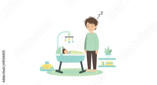 A sleep-deprived man stands next to a baby sleeping in a bassinet on a light green rug.