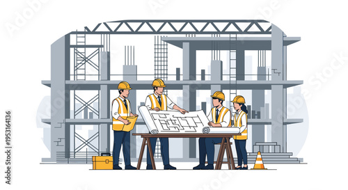 Four construction workers discuss blueprints at a table in front of a building under construction.