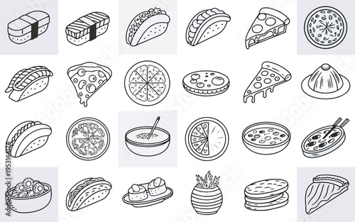 A collection of diverse food items illustrated in a simple line drawing style Vector