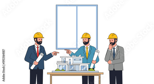 Three architects in hard hats discuss a building model on a table with blueprints, against a white background.