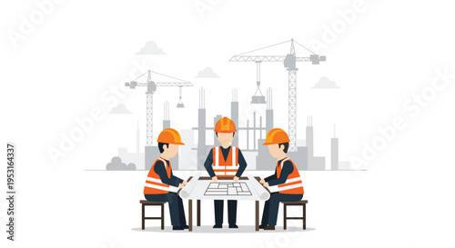 Three construction workers in hard hats and safety vests sit at a table reviewing blueprints with cranes and buildings in the background.