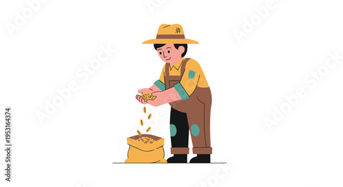 A farmer in a hat and overalls pours golden grains from his hands into a large burlap sack filled with more grains.