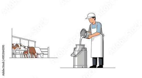 A dairy farmer pours milk from a bucket into a large churn while several cows are visible in a barn stall to the left.