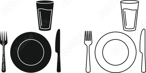 Table Setting Plate Fork Knife Glass Icon Set Vector