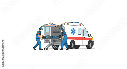 Two masked paramedics in blue uniforms push a stretcher with a patient towards an open ambulance on a white background.