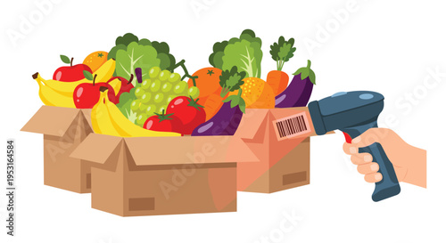 A hand scans a barcode on one of three cardboard boxes overflowing with fresh fruits and vegetables on a white background.