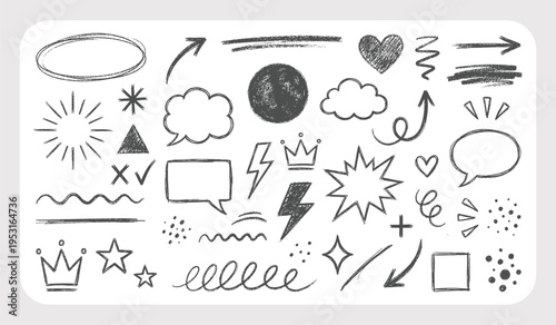 Hand Drawn Chalk Brush Arrow and Scribble Element Set with Grunge Shapes in Pencil Sketch Style. Vector Illustration.