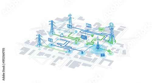 An isometric illustration showcases a smart city network with interconnected infrastructure elements and data flows on a white background.