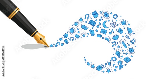 A black and gold fountain pen draws a swirling trail of blue icons on a clean white background.