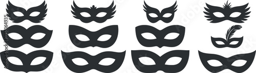 carnival mask silhouette icon set party disguise face mask collection, festive masquerade mask vector graphic set celebration costume icons, decorative face mask carnival festival silhouette icon pack