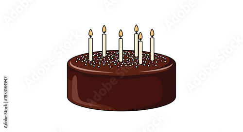 A chocolate birthday cake with six lit candles and colorful sprinkles sits on a plain white background.