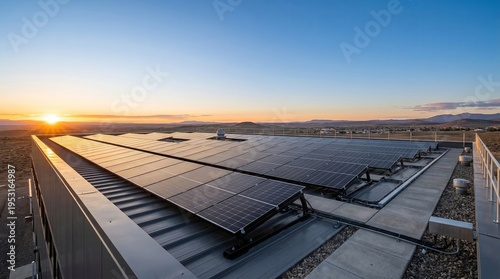 Solar panels sunrise. Extensive photovoltaic system installed on flat commercial rooftop at dawn