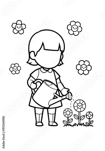 Cute girl watering flowers. Coloring page illustration. Spring gardening activity.