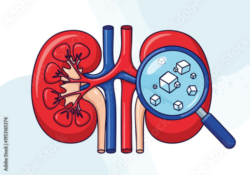 Kidney Health and Disease Concept. Magnifying Glass on Kidney with Crystals.