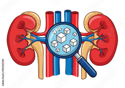 Kidney Health Analysis. Medical Illustration. Microscopic View. Cubes. Magnifying Glass.