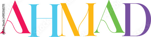 Ahmad name colorful typography design with serif letters on transparent
