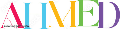 Ahmed name vector illustration with artistic multicolored serif font style