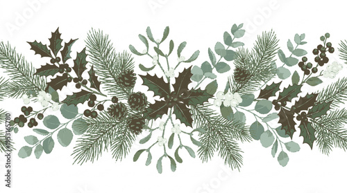 Detailed vector illustration of various green foliage and leaves on white background for design
