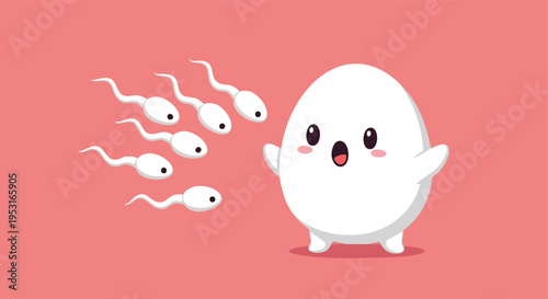 Cute Egg and Sperm Cartoon. Fertilization Concept.